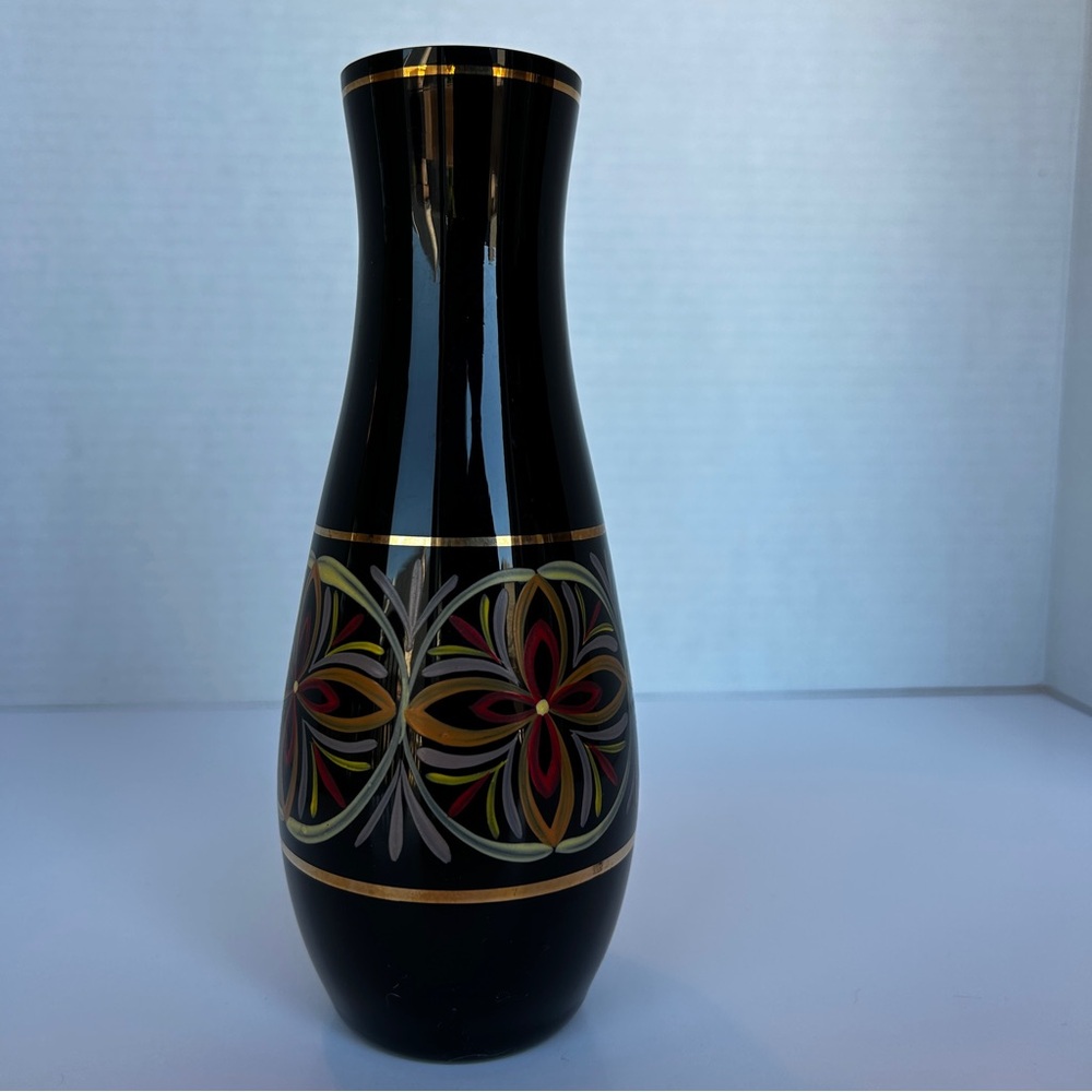 HYALITH Black Glass Vase Painted  Design Gold Bands 7.25 inches